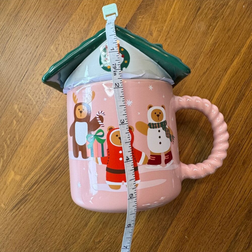 STARBUCKS 2025 Holiday Bear House Mug Roof Lid 14oz Limited Edition Pink Green - Picture 6 of 7
